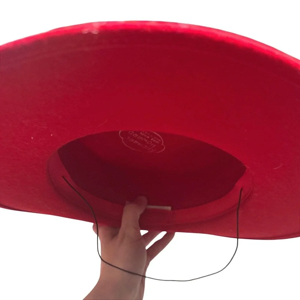 Michael Howard Red Wool Boater Hat Black Bow Made USA Statement Brunch‎ Chic